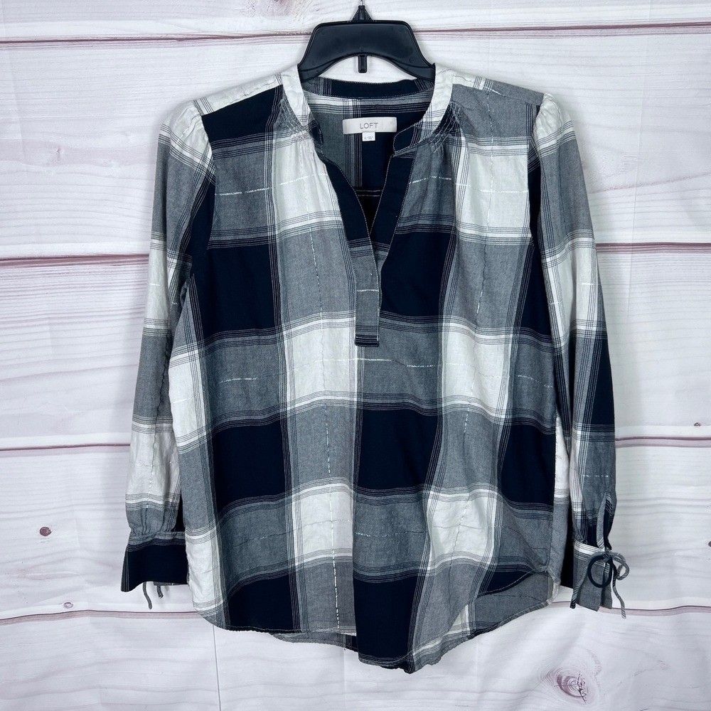 LOFT Top Womens XL Black Plaid Blouse V-Neck Pullover Brushed Cotton Tie Sleeve